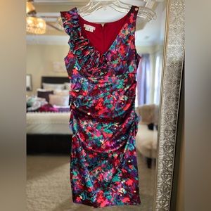 • London Times • jewel toned side ruched midi dress